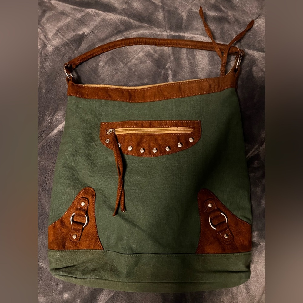 Green and Brown Canvas Shoulder Bag